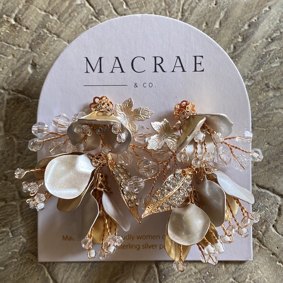 Macrae Wire Flower Buds Crystal Leaves Gold Earrings NWT - Picture 3 of 11